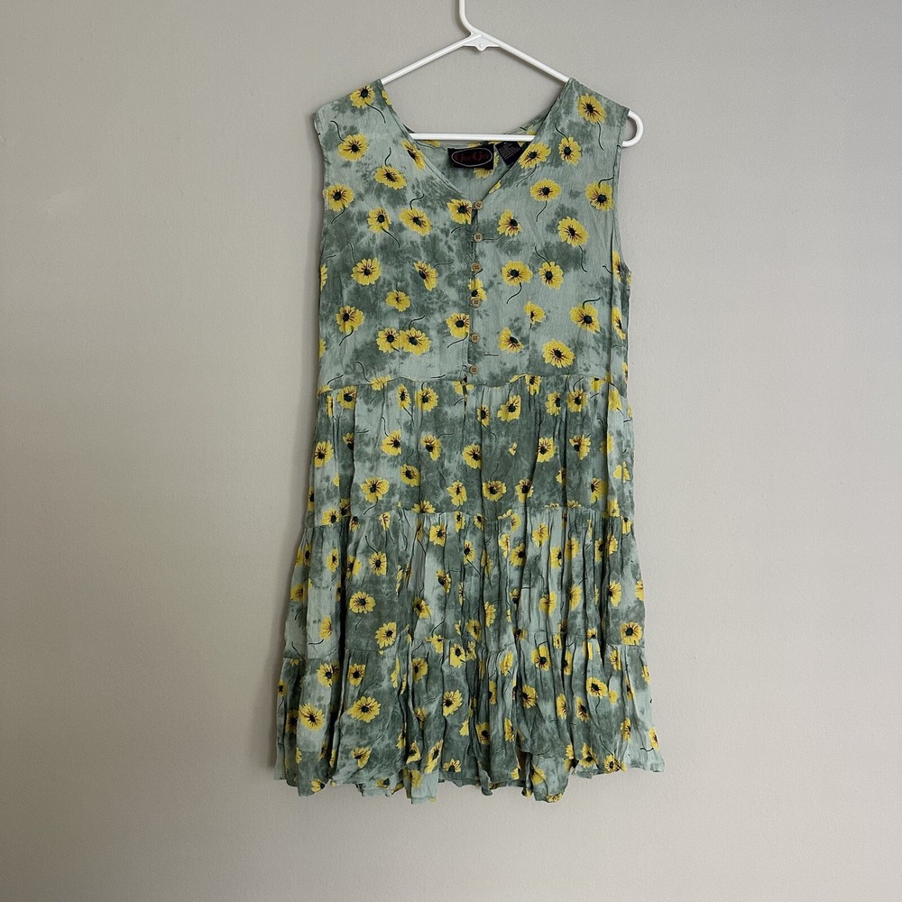 Gee Gee Boho Green Sun Flower Colored Button Up Floral Sun Dress Medium